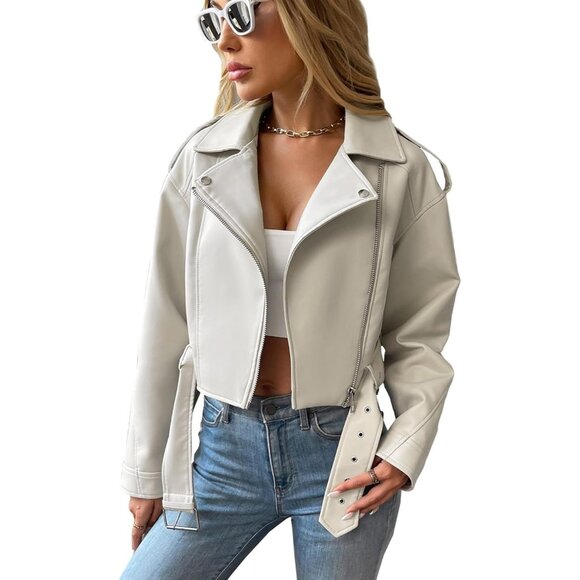 Women's Beige Faux Leather Cropped Jacket Vegan Motor Biker Coat with Belt